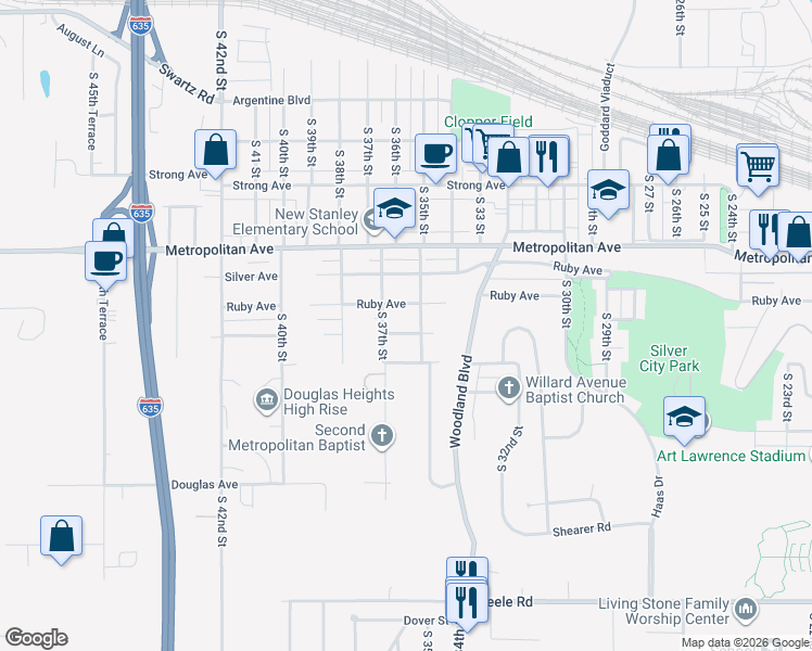 map of restaurants, bars, coffee shops, grocery stores, and more near 3503 Wyandotte Avenue in Kansas City