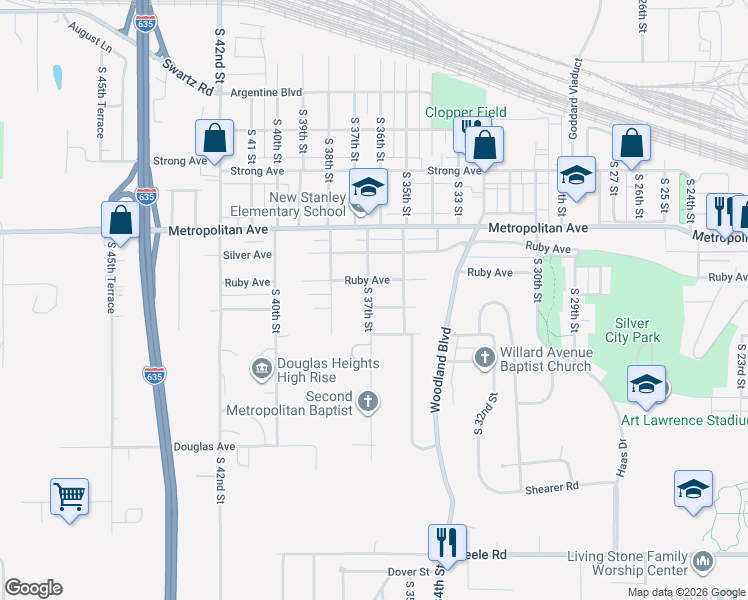 map of restaurants, bars, coffee shops, grocery stores, and more near 1612 South 37th Street in Kansas City
