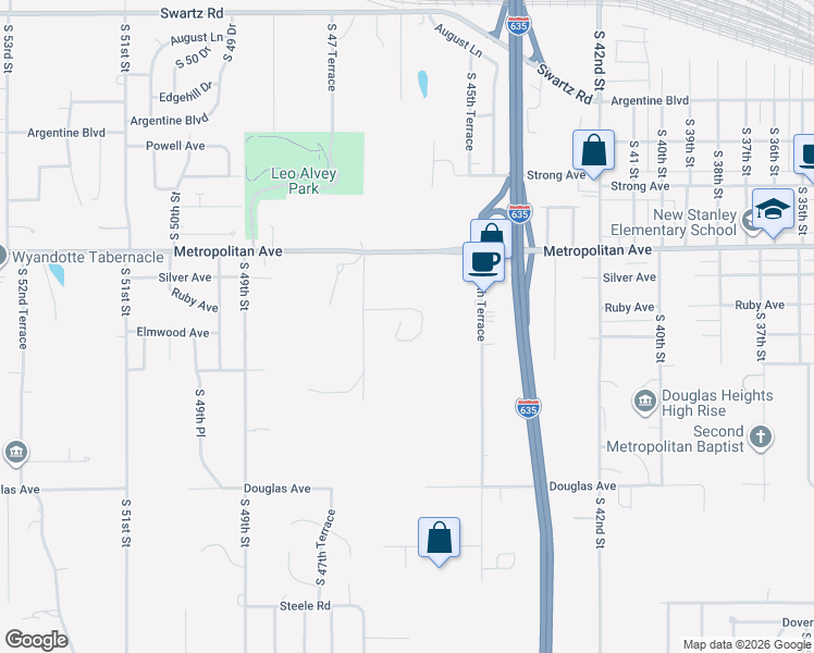 map of restaurants, bars, coffee shops, grocery stores, and more near 4615 Ruby Avenue in Kansas City