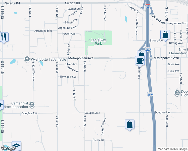 map of restaurants, bars, coffee shops, grocery stores, and more near 4819 Metropolitan Avenue in Kansas City