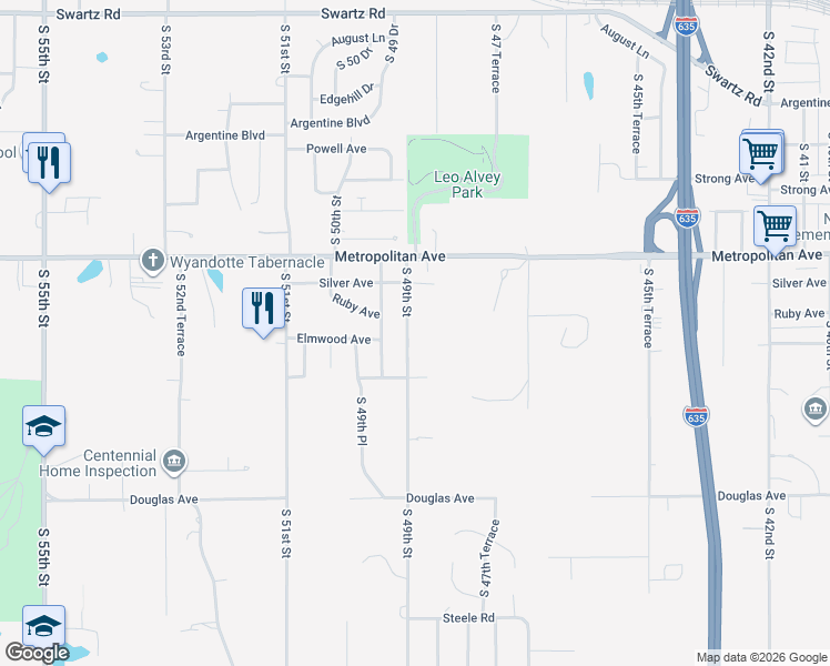 map of restaurants, bars, coffee shops, grocery stores, and more near 1641 South 49 Street in Kansas City
