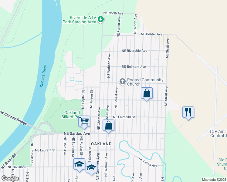 map of restaurants, bars, coffee shops, grocery stores, and more near 1017 Northeast Forest Avenue in Topeka