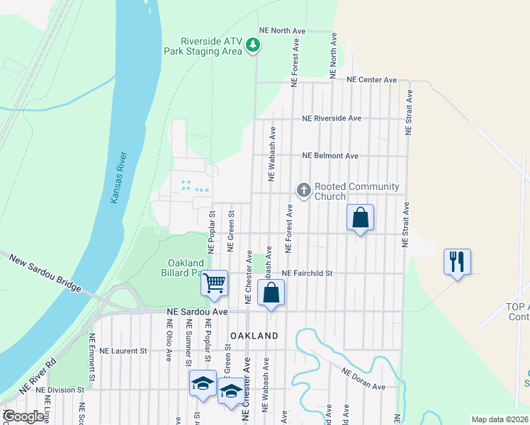 map of restaurants, bars, coffee shops, grocery stores, and more near 1001 Northeast Wabash Avenue in Topeka