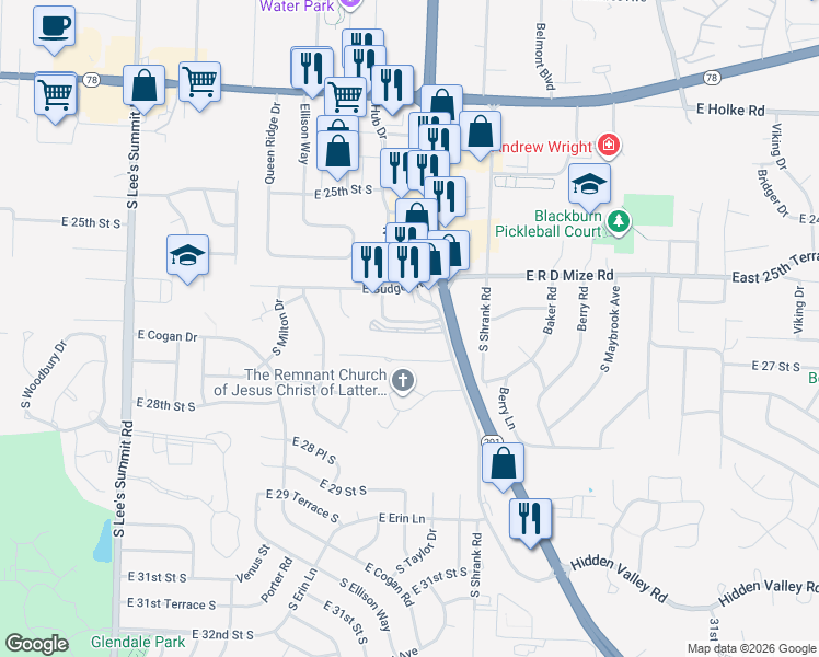 map of restaurants, bars, coffee shops, grocery stores, and more near 2200 M 291 Frontage Road in Independence
