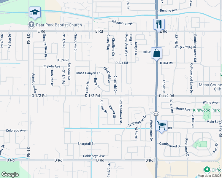 map of restaurants, bars, coffee shops, grocery stores, and more near 452 1/2 Chatfield Lane in Grand Junction