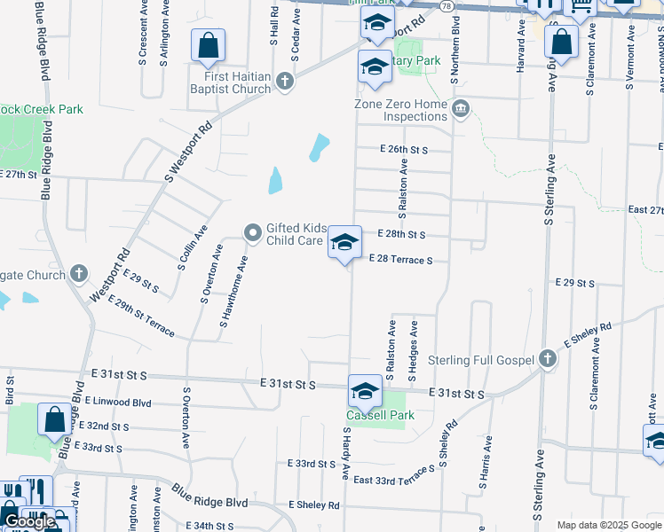 map of restaurants, bars, coffee shops, grocery stores, and more near 2800 South Hardy Avenue in Independence