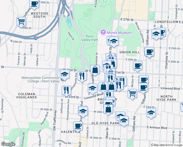 map of restaurants, bars, coffee shops, grocery stores, and more near Central Street in Kansas City