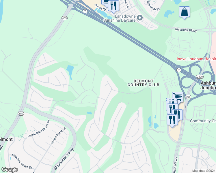map of restaurants, bars, coffee shops, grocery stores, and more near 19731 Willowdale Place in Ashburn