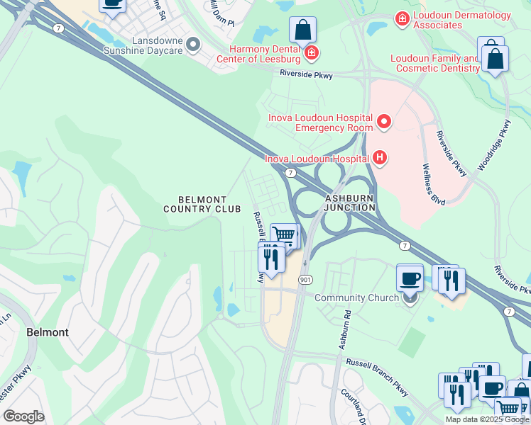 map of restaurants, bars, coffee shops, grocery stores, and more near 19750 Misty Moss Square in Ashburn