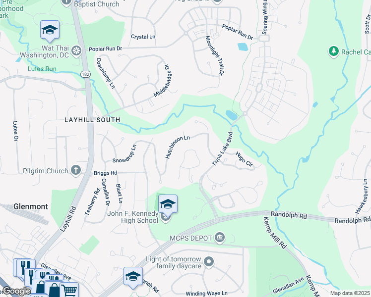 map of restaurants, bars, coffee shops, grocery stores, and more near 1645 Nordic Hill Circle in Silver Spring