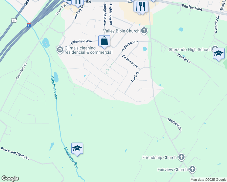map of restaurants, bars, coffee shops, grocery stores, and more near 105 Littlewing Way in Stephens City