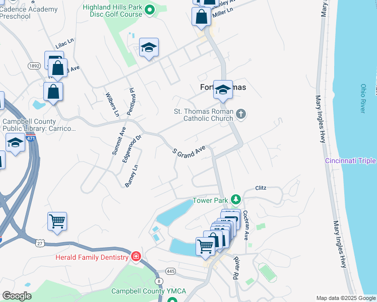 map of restaurants, bars, coffee shops, grocery stores, and more near 718 South Grand Avenue in Fort Thomas