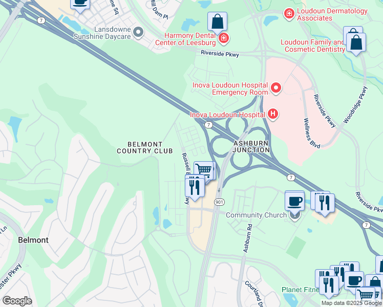 map of restaurants, bars, coffee shops, grocery stores, and more near 19750 Misty Moss Square in Ashburn