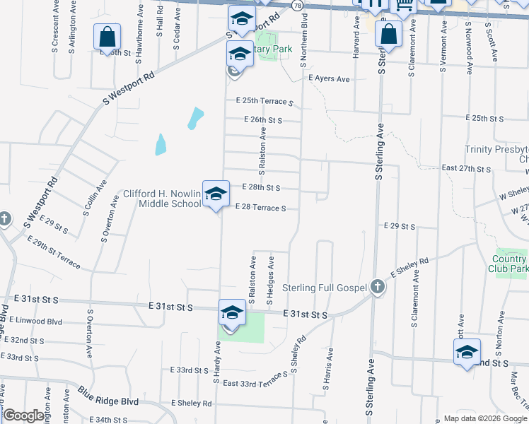 map of restaurants, bars, coffee shops, grocery stores, and more near 10601 East 28 Terrace South in Independence