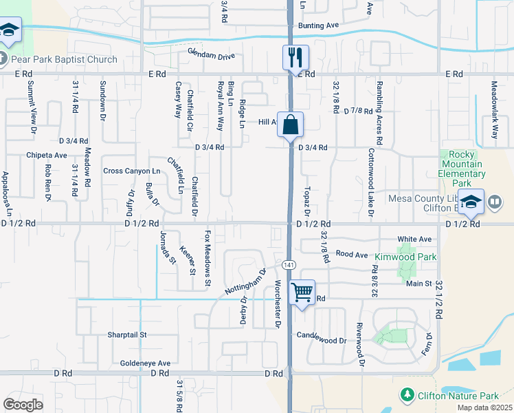 map of restaurants, bars, coffee shops, grocery stores, and more near 3188 D 1/2 Road in Grand Junction