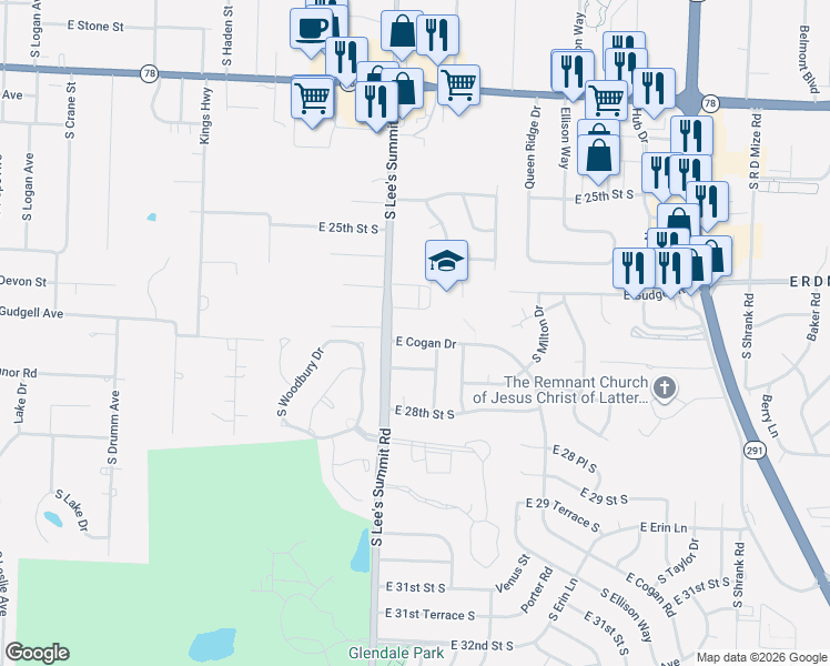 map of restaurants, bars, coffee shops, grocery stores, and more near 16001 East Cogan Drive in Independence