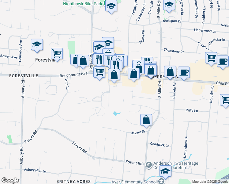 map of restaurants, bars, coffee shops, grocery stores, and more near 8139 Beechmont Avenue in Cincinnati