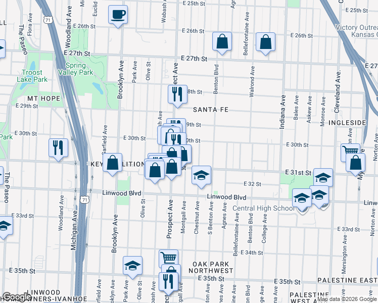 map of restaurants, bars, coffee shops, grocery stores, and more near 3024 Chestnut Avenue in Kansas City