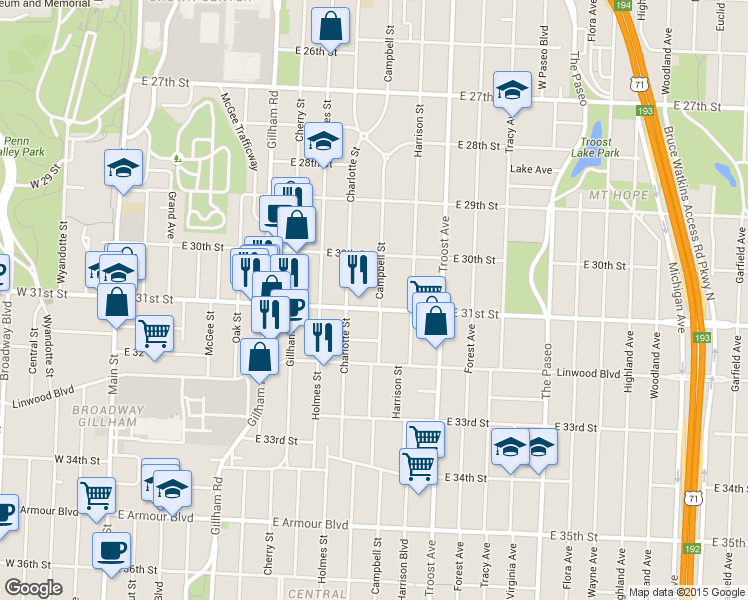 map of restaurants, bars, coffee shops, grocery stores, and more near 901 East 31st Street in Kansas City