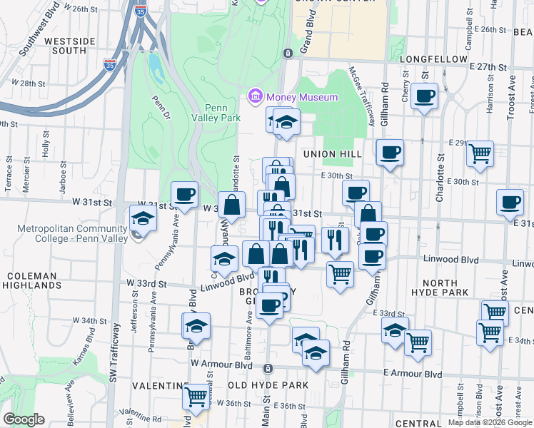 map of restaurants, bars, coffee shops, grocery stores, and more near in Kansas City