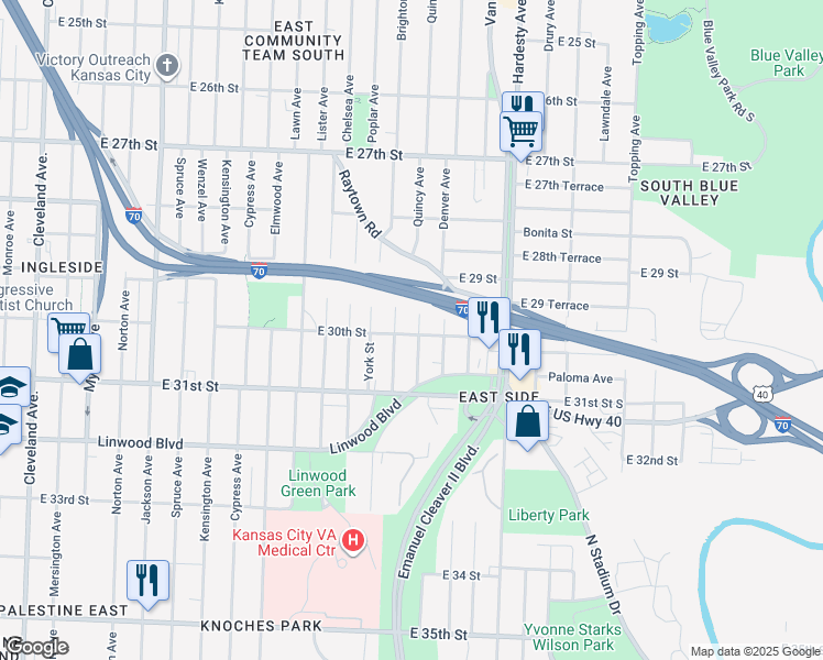 map of restaurants, bars, coffee shops, grocery stores, and more near 5101 East 30th Street in Kansas City