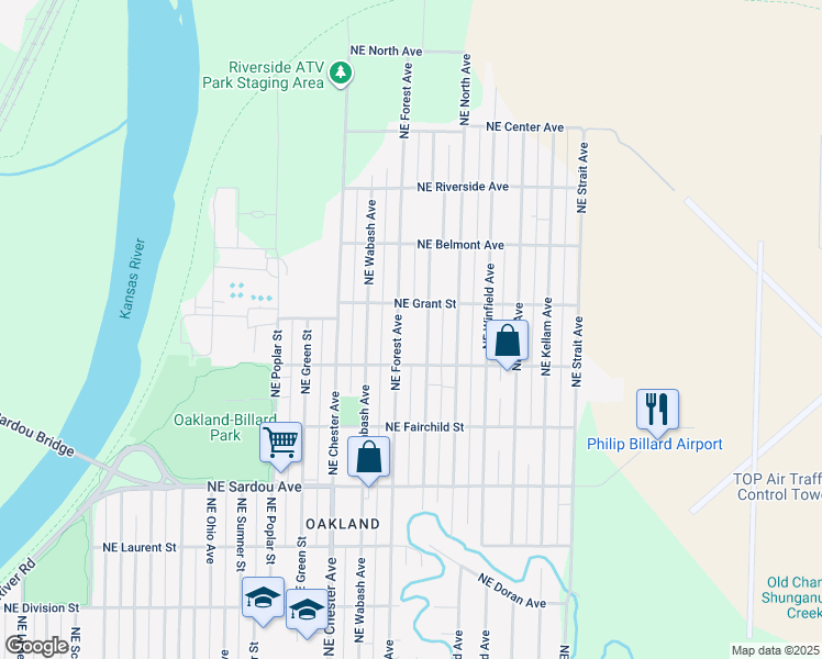 map of restaurants, bars, coffee shops, grocery stores, and more near 1020 Northeast Forest Avenue in Topeka