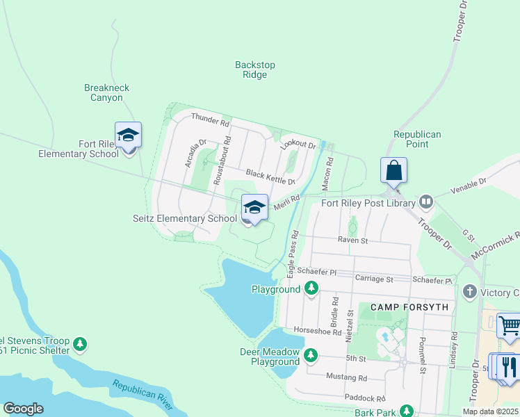 map of restaurants, bars, coffee shops, grocery stores, and more near 28000 Rifle Range Road in Fort Riley