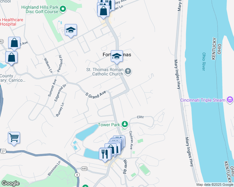 map of restaurants, bars, coffee shops, grocery stores, and more near 631 South Fort Thomas Avenue in Fort Thomas