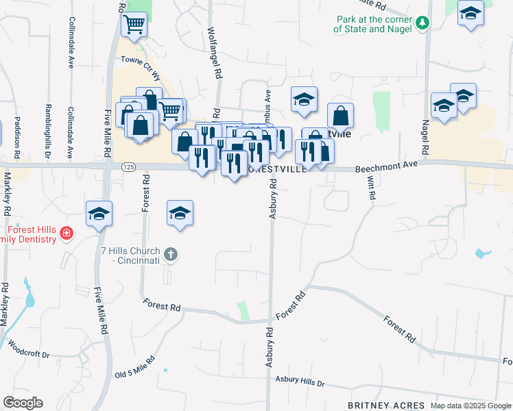 map of restaurants, bars, coffee shops, grocery stores, and more near 1149 Asbury Road in Cincinnati