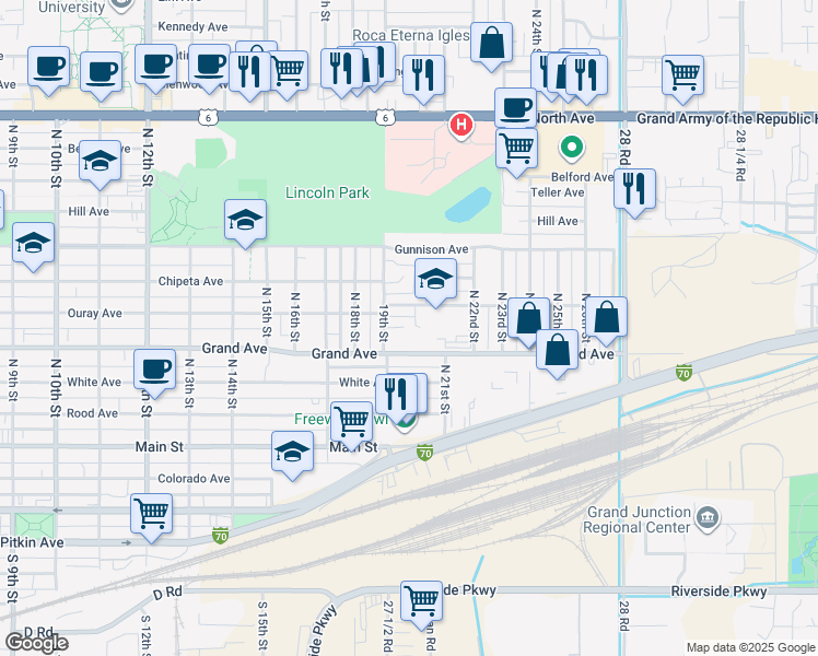 map of restaurants, bars, coffee shops, grocery stores, and more near 1954 Parkland Court in Grand Junction