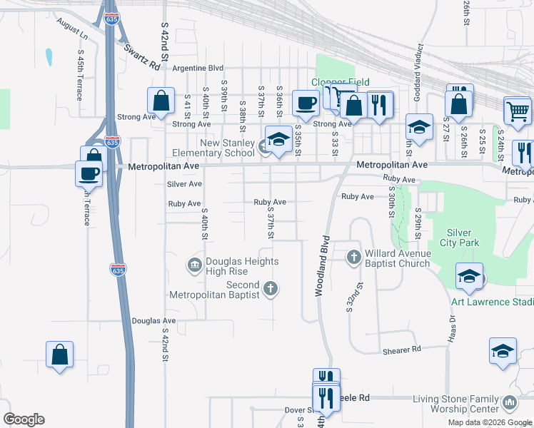 map of restaurants, bars, coffee shops, grocery stores, and more near 1612 South 37th Street in Kansas City