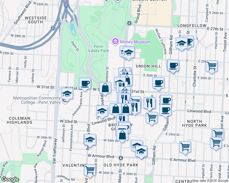 map of restaurants, bars, coffee shops, grocery stores, and more near 3100 Main Street in Kansas City