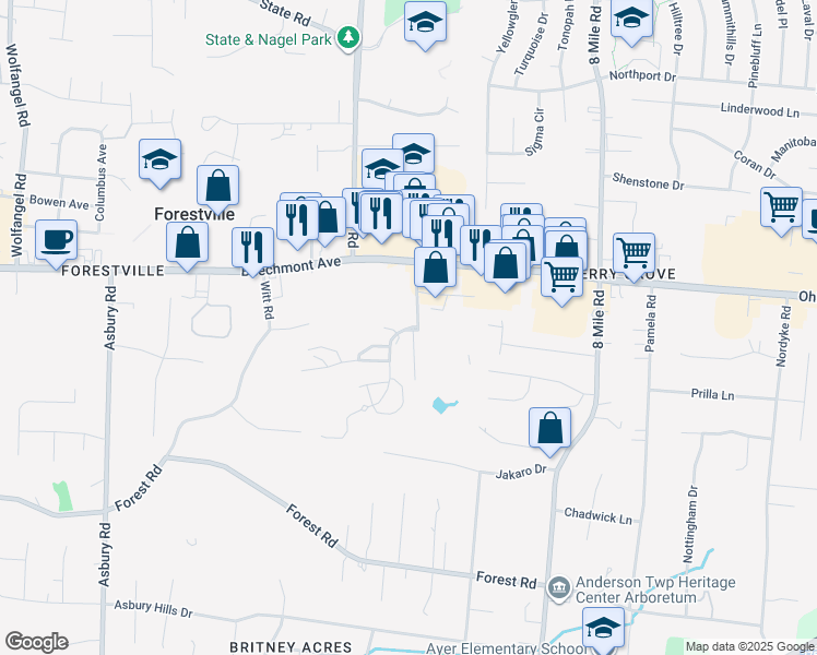 map of restaurants, bars, coffee shops, grocery stores, and more near 968 Wittshire Lane in Cincinnati