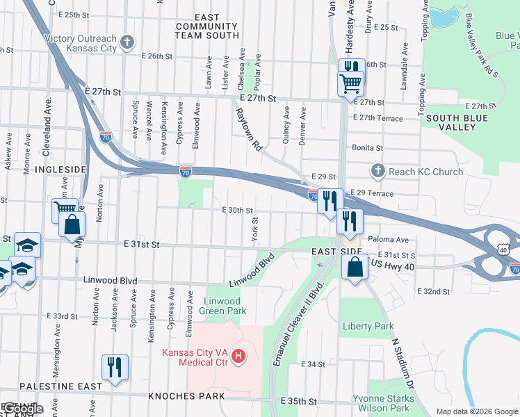 map of restaurants, bars, coffee shops, grocery stores, and more near 3007 York Street in Kansas City