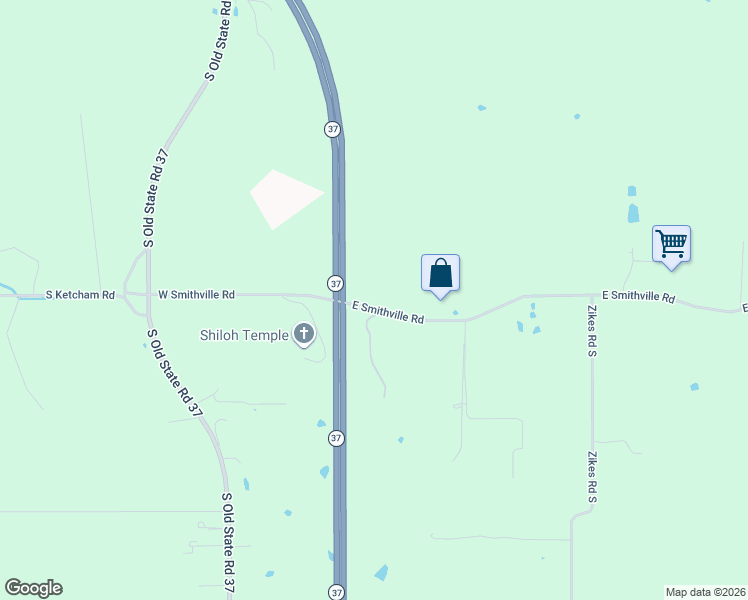 map of restaurants, bars, coffee shops, grocery stores, and more near 98 East Smithville Road in Bloomington