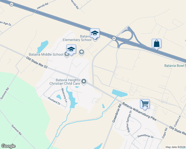 map of restaurants, bars, coffee shops, grocery stores, and more near 4460 Batavia Road in Batavia