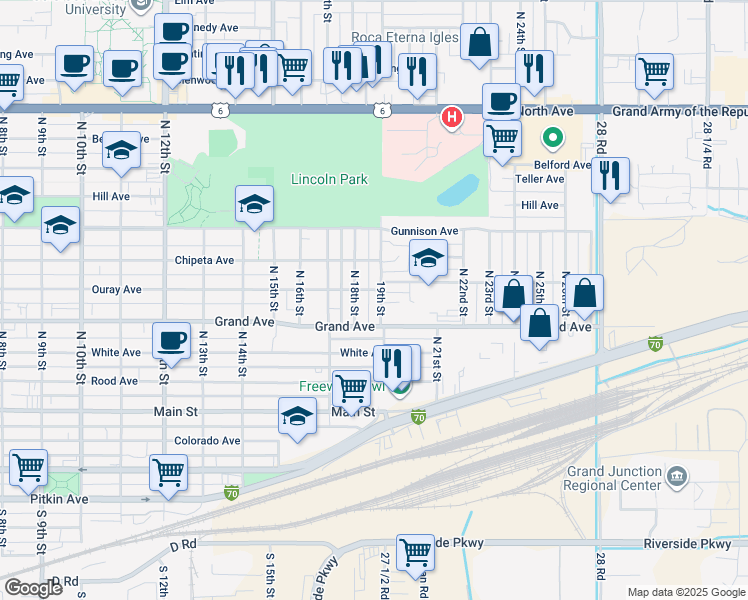 map of restaurants, bars, coffee shops, grocery stores, and more near in Grand Junction