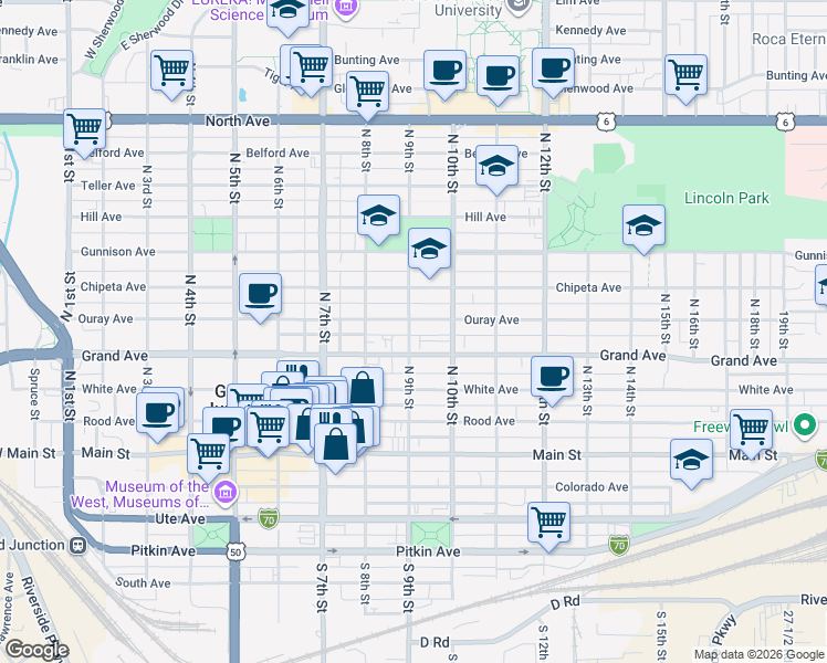 map of restaurants, bars, coffee shops, grocery stores, and more near 850 Grand Avenue in Grand Junction
