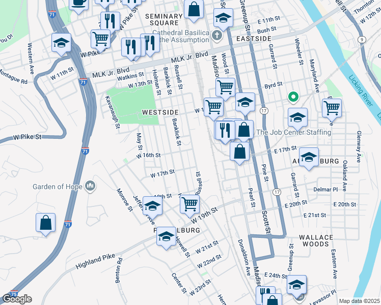 map of restaurants, bars, coffee shops, grocery stores, and more near 1619 Russell Street in Covington
