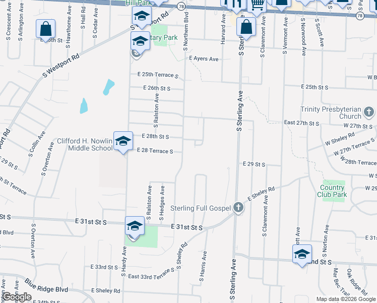 map of restaurants, bars, coffee shops, grocery stores, and more near 2823 South Northern Boulevard in Independence