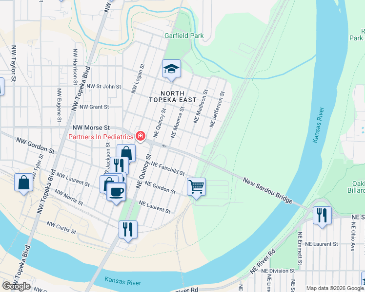 map of restaurants, bars, coffee shops, grocery stores, and more near Northeast Morse Street in Topeka