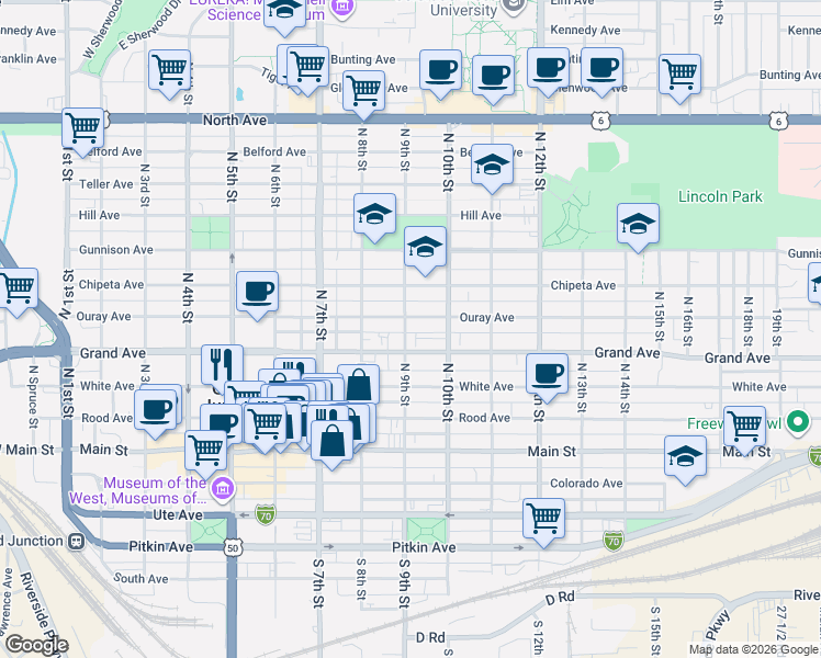 map of restaurants, bars, coffee shops, grocery stores, and more near 850 Grand Avenue in Grand Junction