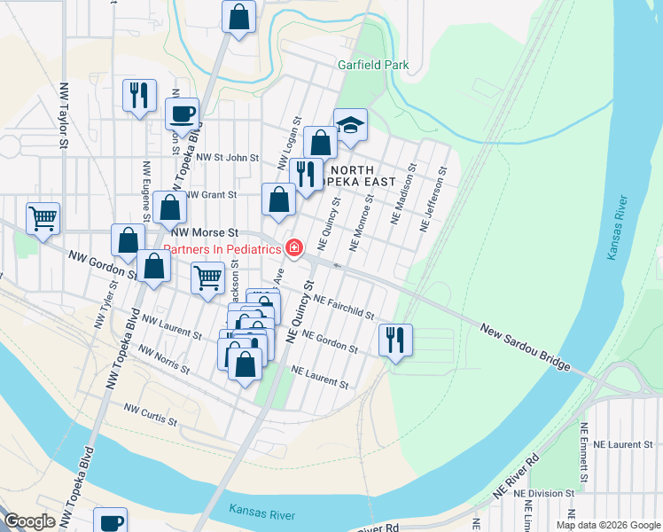 map of restaurants, bars, coffee shops, grocery stores, and more near Northeast Morse Street in Topeka