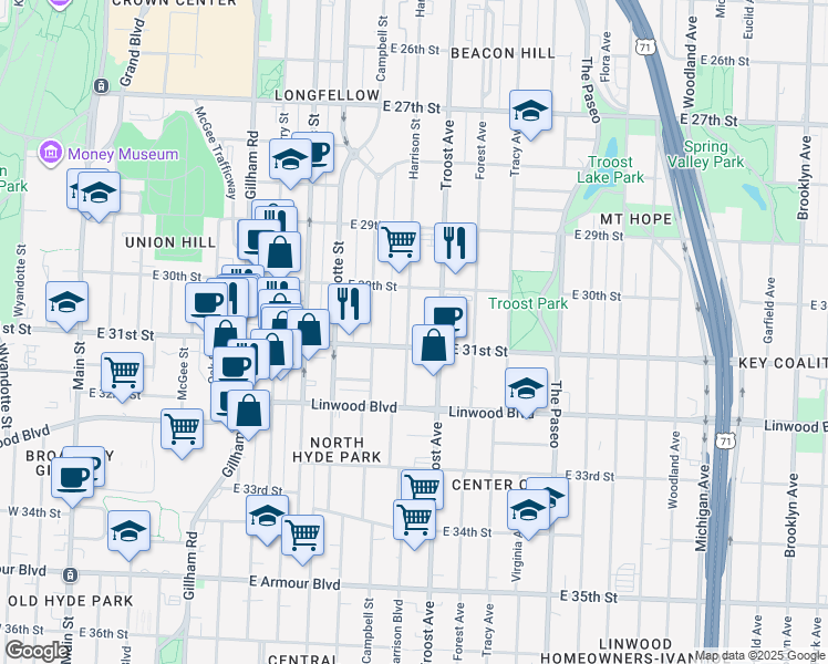map of restaurants, bars, coffee shops, grocery stores, and more near 3035 Harrison Street in Kansas City