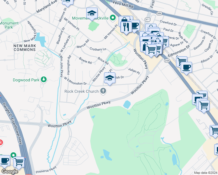 map of restaurants, bars, coffee shops, grocery stores, and more near 324 West Edmonston Drive in Rockville