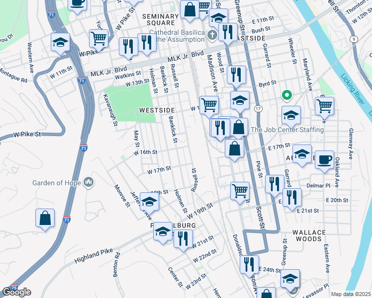 map of restaurants, bars, coffee shops, grocery stores, and more near 1619 Russell Street in Covington