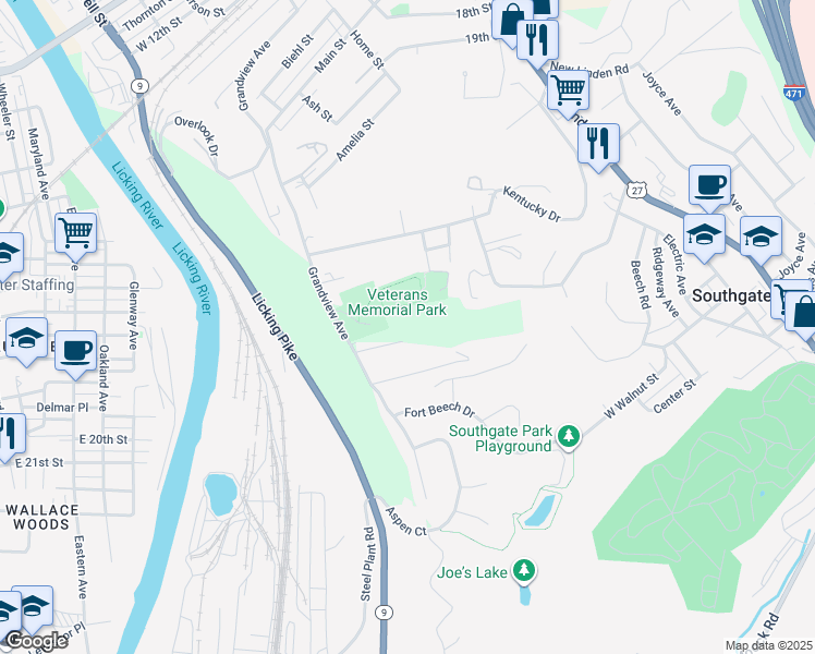 map of restaurants, bars, coffee shops, grocery stores, and more near in Southgate