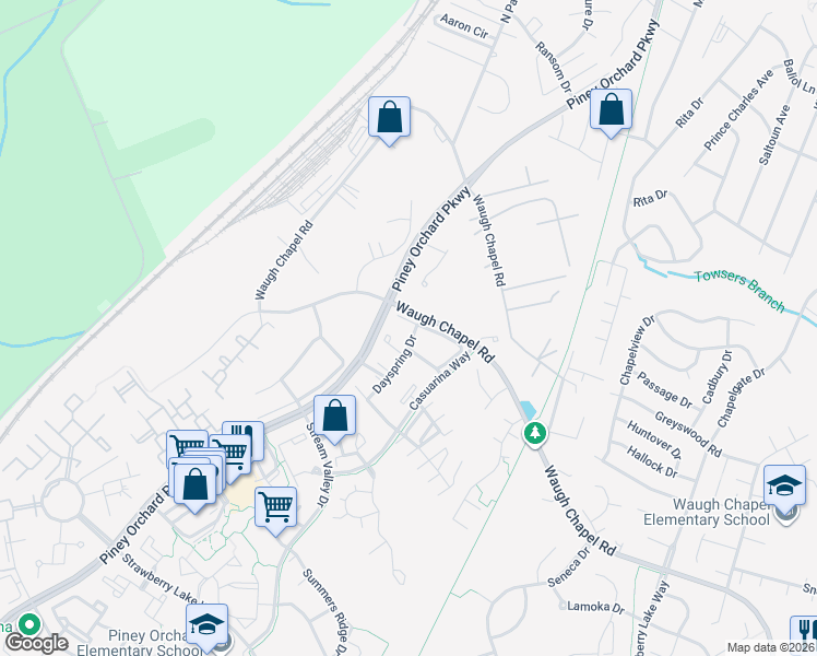 map of restaurants, bars, coffee shops, grocery stores, and more near 2417 Warm Spring Way in Odenton