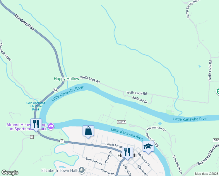 map of restaurants, bars, coffee shops, grocery stores, and more near 384 Wells Lock Road in Elizabeth