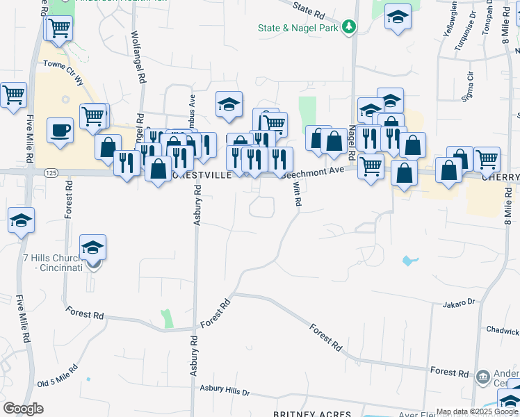 map of restaurants, bars, coffee shops, grocery stores, and more near 7885 Beechmont Avenue in Cincinnati